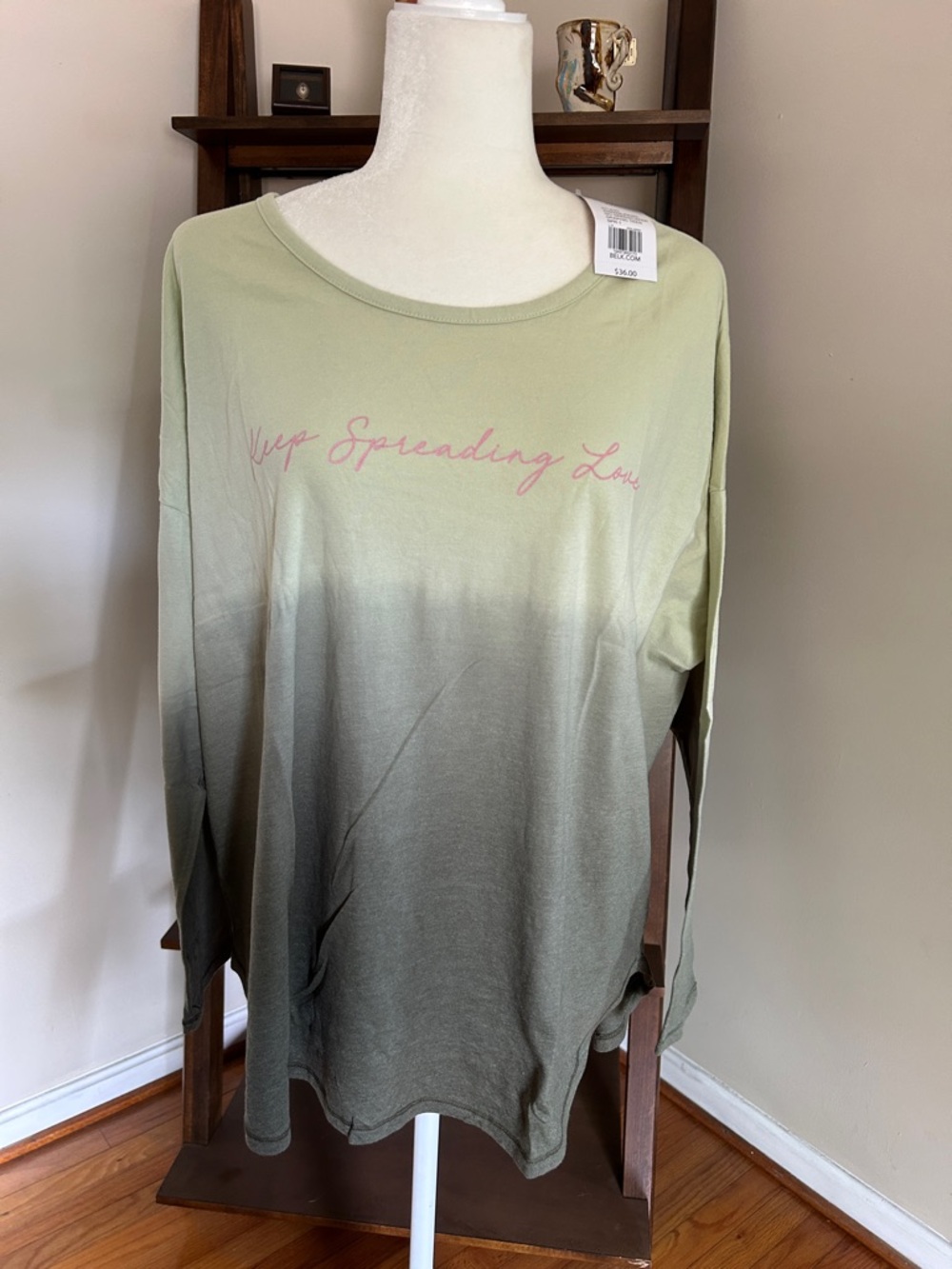 New Directions Green Olive Ombre Long-Sleeve Top with Pink Script